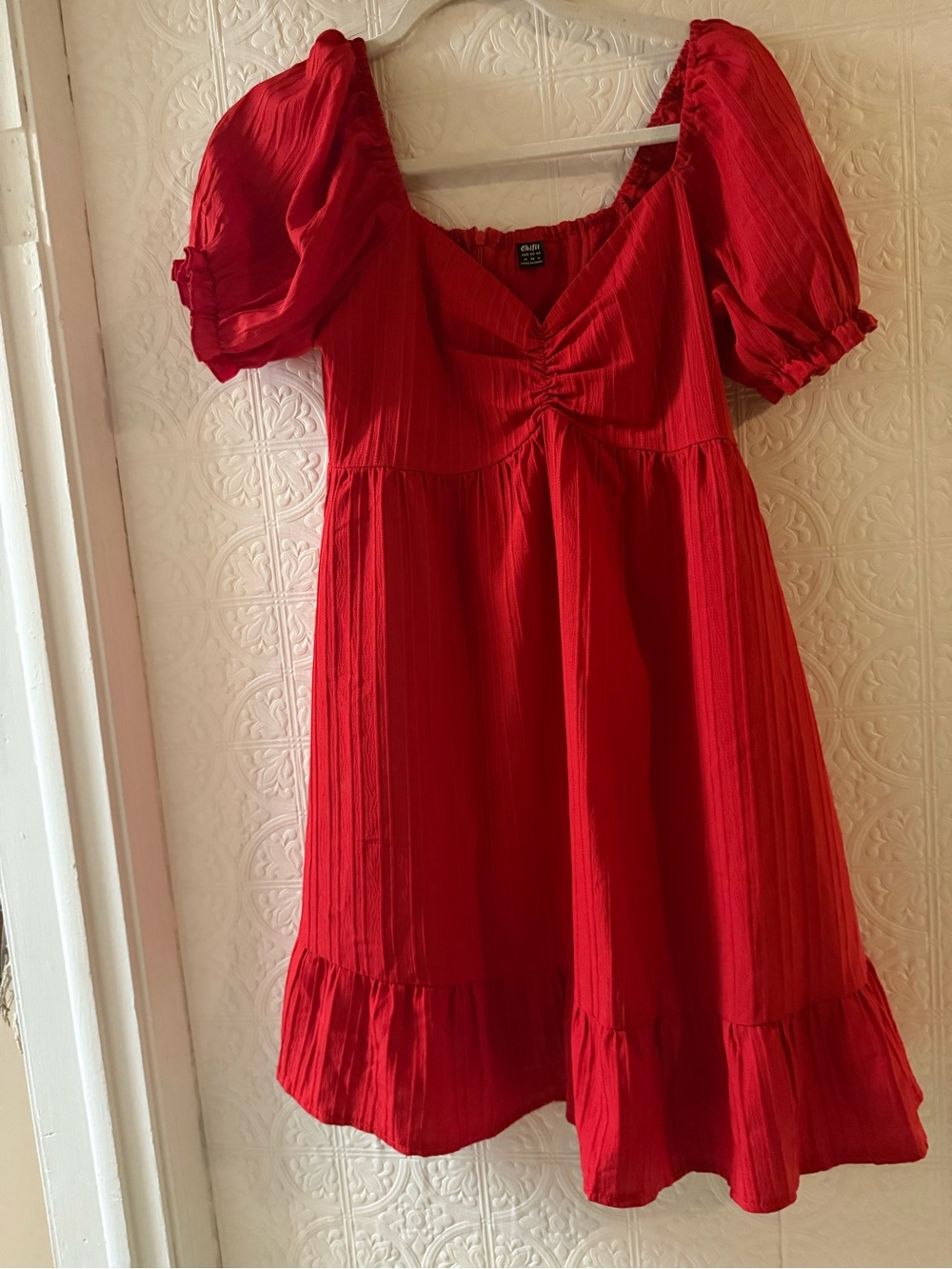 Women Red Puff-Sleeve Casual Dress - Lightweight Everyday Style